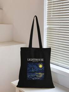 1pc Black Fashionable Fun Frame Pattern Printed Women's Canvas Tote Bag, Portable Shopping Bag For Outings - Black - View 2