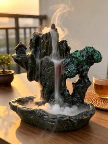 1pc Mountain Rock Landscape Backflow Incense Burner Waterfall Smoke Fountain Resin Bonsai Tree House Decor With White Beads, Suitable For Tea Room, 2026 Aromatherapy Zen Meditation Decorative Gift, Tea Cup Mist Effect - 1PC - View 3