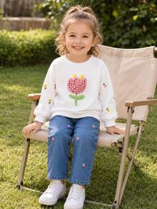 2 piezas/set Sudadera floral y conjunto de mezclilla para niñas jóvenes, otoño e invierno - Blanco - Ver 2