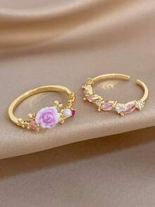 1Pc/Set Elegant Gold Plated Pink Floral Marquise Zirconia Open Ring,Jewelry Set For Women,Party,Daily,Christmas,Wedding,Boho,Valentine Birthday Gifts - Multicolor - View 4