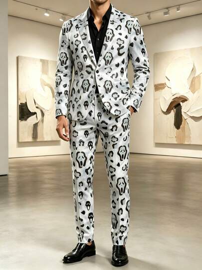 Single‑Button Men Suit Set, Notched Lapel Blazer, Hidden Welt Pockets, Matching Pants Abstract Leopard Comfy Fabric, For Business Dating Banquet