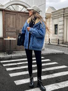HAPPY GIRL#Autumn/Winter Versatile Fashionable College Style Daily Commute Women's Casual Comfortable Fleece Lining Warm Denim Long Sleeve Jacket - Blue - View 5