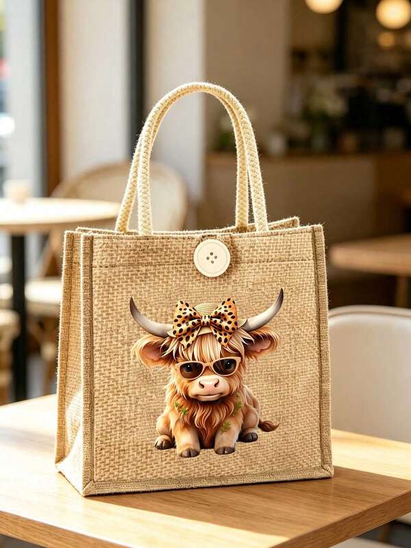 Leinen-Tragetasche mit Highland-Kuh-Muster, süßes Schleifen-Leoparden-Muster mit Highland-Kuh, große Kapazität Kosmetiktasche mit Tragegriff, Weihnachtsgeschenk, schwarze Leinen-Münzbeutel, schwarze quadratische Einkaufstasche, Kosmetiktasche mit künstlerischem Buchstaben- und Musterdruck-Design, geeignet für den täglichen Gebrauch von Frauen, praktische Einkaufstasche. Perfekt für Geburtstag, Feiertag, Muttertag, Lehrertag, Schulanfang, Halloween, Neujahr, Weihnachtsgeschenk, Weihnachtsgeschenk