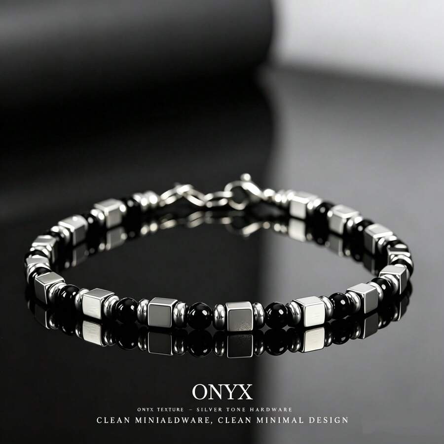 1pc Unisex Black Onyx & Matte Silvery Cube Bead Bracelet , Minimalist Sleek Stackable Jewelry, Gift For Women And Men - Black and White - View 1
