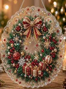 Christmas Pearl Diamond Painting Suncatcher Set, DIY Handmade | Pre-Assembled Metal Chain, Acrylic Round Plate With Lace Edge, 3D Mixed Size Pearl Beads, Holiday Window Wall Decor - A - View 11