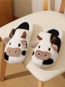 1 Pair Kids Thermal Lined Cartoon Cow Anti-Slip Flat Casual Indoor Warm Slippers, Suitable For Autumn/Winter - Black and White - View 6