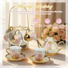 20-Piece European Porcelain Tea Set With Metal Stand & Pink Flower Painting - Elegant Tea Service For Adults, Ideal Gift For Spring Outing, Easter Party & Home Decor (Large) - Pink Gold - View 6