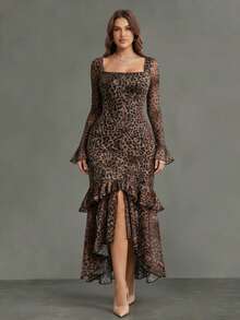 Plus Size Solstice Apparel American Vintage Leopard Mesh Square Neck Long Sleeve Dress, Flare Sleeve High Slit Ruffle Mermaid Bodycon Maxi Elegant - Coffee Brown - View 1