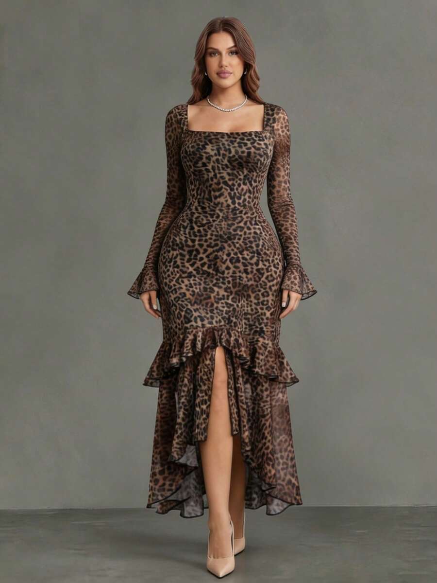 Plus Size Solstice Apparel American Vintage Leopard Mesh Square Neck Long Sleeve Dress, Flare Sleeve High Slit Ruffle Mermaid Bodycon Maxi Elegant - Coffee Brown - View 1