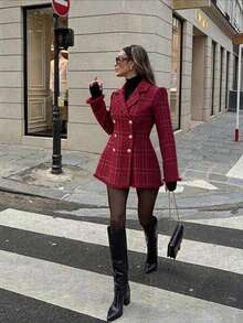 Women's Red Plaid Woven Double-Breasted Long Sleeve Jacket With Tassel Trim, Perfect For Autumn/Winter - Red - View 3