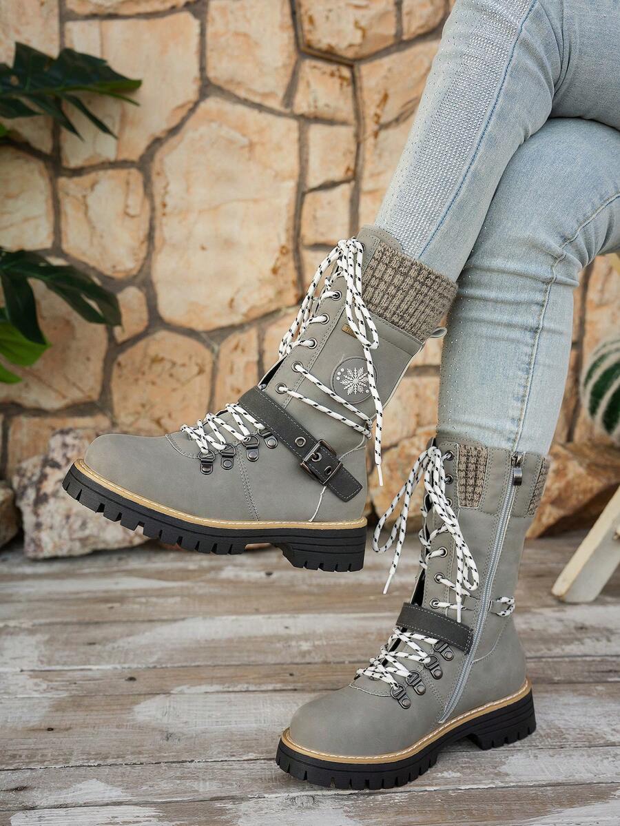 Women's Round Toe Thick Sole Side Zipper Boots Autumn 2026 New Arrival British Style Lace-Up Buckle Ankle Ankle Boots - Grey - View 1