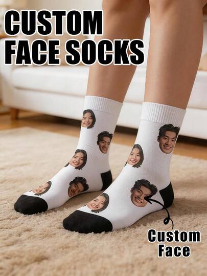 1 Pair Custom Face Crew Socks White With Black Heel And Toe Personalized Photo Print Mid-Calf Socks Creative Custom Novelty Gift
