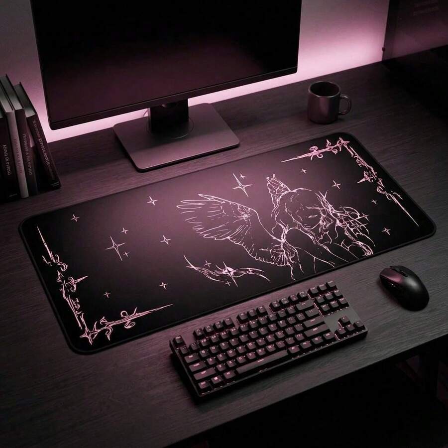 1pc Crying Angel Illustration Desk Mat | Gothic Angel Mouse Pad, Gaming Mouse Pad, Desktop Decor 15.7X35.4 In PC Computer Accessory, Extra-Large Rubber-Based Office Mat - Gothic Style - View 1