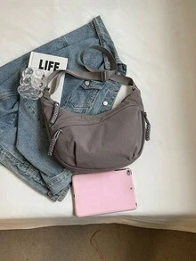 Fashionable Yellow Nylon Waterproof Shoulder Bag, Minimalist Casual College Style, Wide Strap, Multi-Zipper Design, Suitable For Students - Grey - View 4