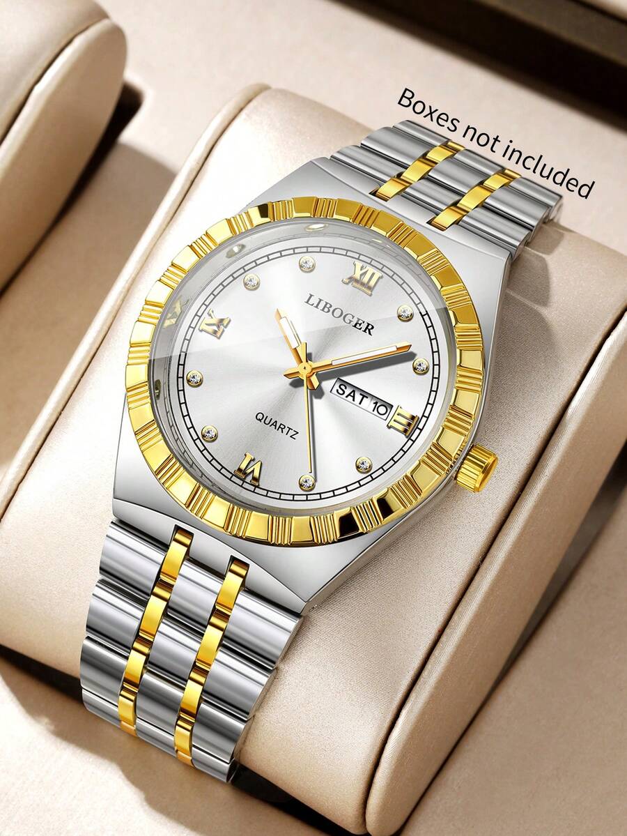 Men's Premium Gold-Tone Alloy Band Watch, Roman Numeral Rhinestone Dial With Date Display, Business Casual Versatile Quartz Wristwatch (1pc/Set), Watch Box Not Included - Multicolor - View 1