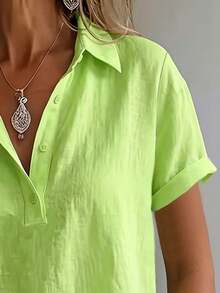 Plus Size Women Casual Basic Button-Down Short Sleeve Shirt Blouse Summer - Lime Green - View 7