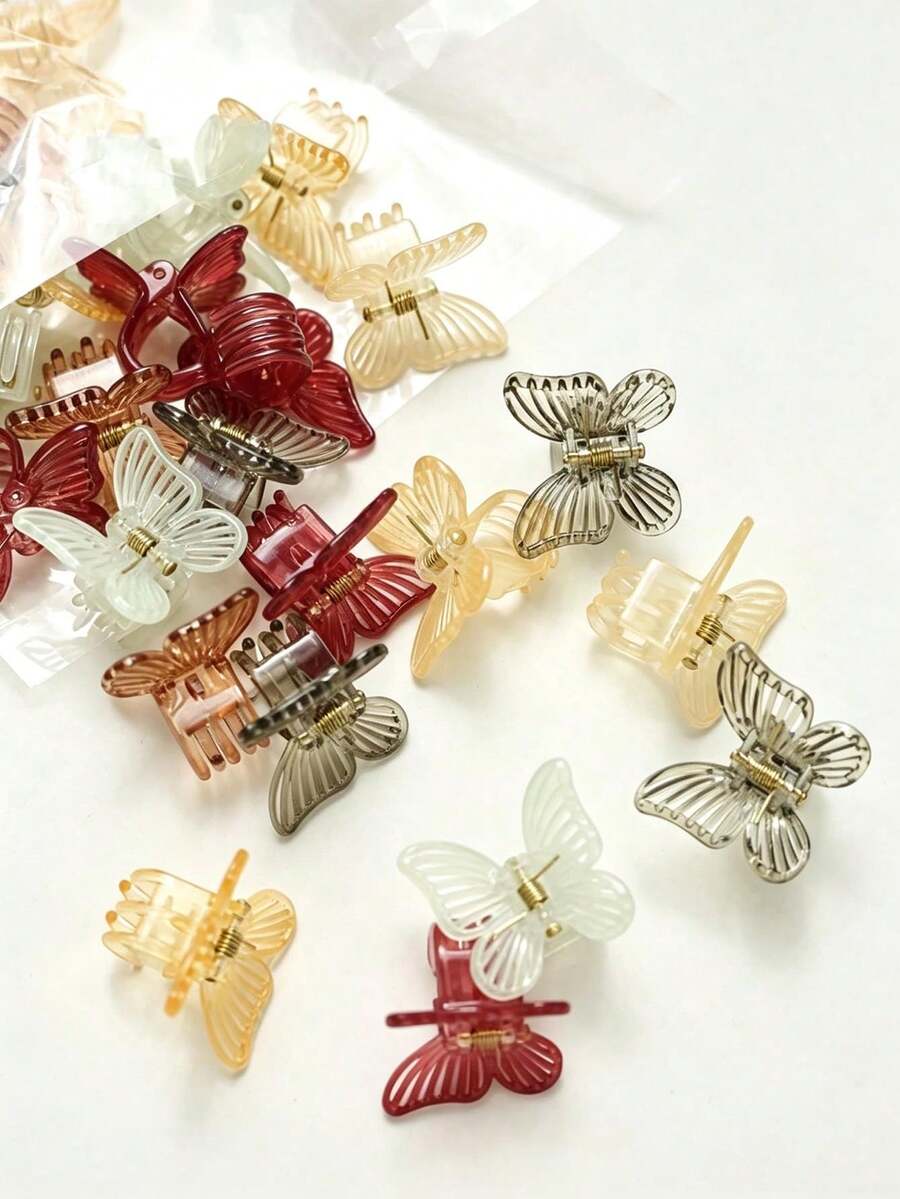 10/20/30/50入 紅色與米色透明蝴蝶迷你抓夾髮夾 女用側邊夾 瀏海夾 編髮夾 優雅公主風髮飾 - 多色 - 查看 1