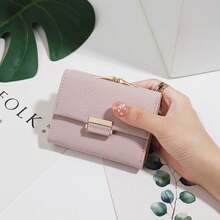 Solid Color Snap Closure Short Women's Wallet, Three-Fold Multi-Function Purse - Pink - View 9
