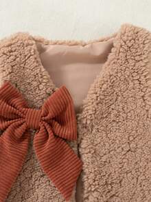 Baby Girls 3-Piece Set, New Autumn/Winter Solid Color Bow Decor Plush Vest + Cute Heart Print All-Over Long Sleeve Base Layer + Corduroy Pleated Skirt, Fashionable Retro Heart Big Bow Children's Outfit Suitable For Outdoor Wear - Brown - View 7