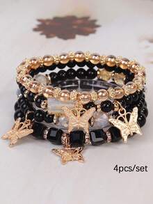 4pcs/Set Bohemian Style Multi-Layer Time Gem Butterfly Pendant Asymmetrical Beaded Bracelet Set, Suitable For Daily Wear, Gift - Time Gem Butterfly Bracelet - View 3