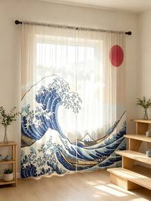 2件組日式大浪透視窗簾，浮世繪海洋波浪與船隻印花薄紗窗簾，濾光穿桿式窗簾，適用客廳臥室居家裝飾 - 彩色 - 查看 2