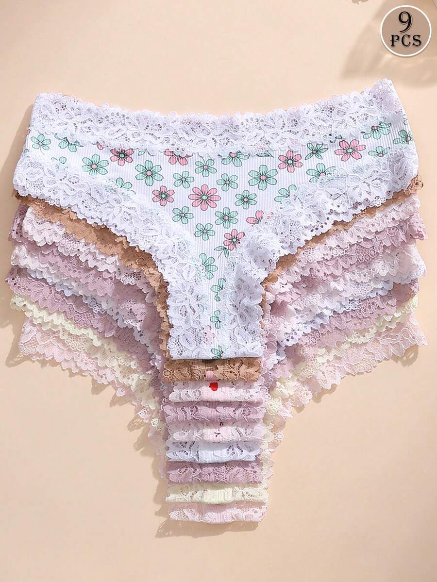 9件/包 性感女款蕾絲拼接低腰無縫羅紋丁字褲內褲，柔軟舒適，適合瑜伽、運動與日常穿著
