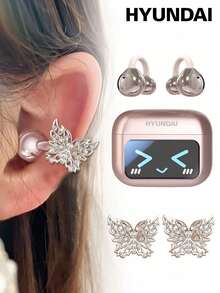 Earphone Bluetooth Jepit HYUNDAI M100 dengan Aksesori Kupu-kupu, Layar Warna Multifungsi dengan Kontrol Sentuh Cerdas, Panggilan HD Peredam Kebisingan HiFi, Musik, Bermain Game, Daya Tahan Baterai Lama, Tidak Perlu Tindik, Hadiah Perhiasan Telinga Modis untuk Wanita - Anting Kupu-kupu Multiwarna + Emas Mawar - View 1