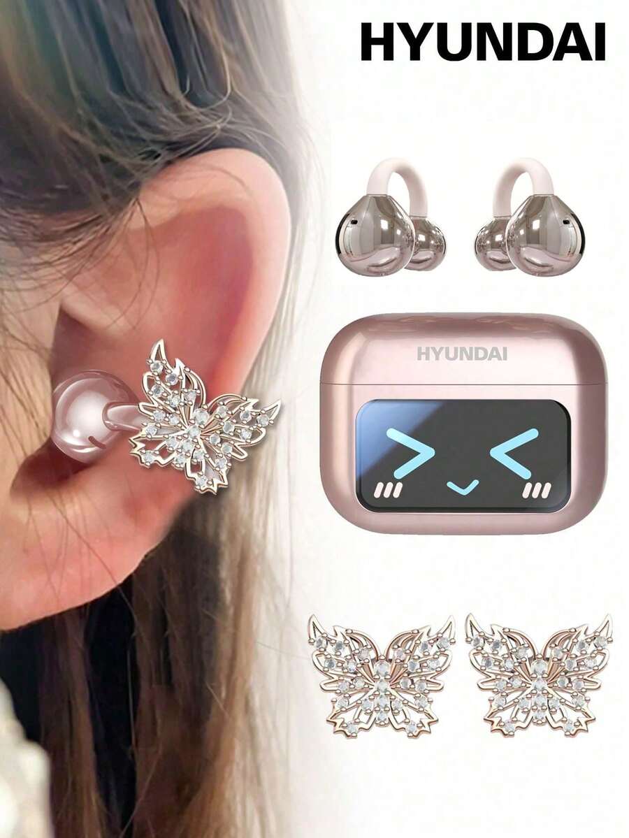 Earphone Bluetooth Jepit HYUNDAI M100 dengan Aksesori Kupu-kupu, Layar Warna Multifungsi dengan Kontrol Sentuh Cerdas, Panggilan HD Peredam Kebisingan HiFi, Musik, Bermain Game, Daya Tahan Baterai Lama, Tidak Perlu Tindik, Hadiah Perhiasan Telinga Modis untuk Wanita - Anting Kupu-kupu Multiwarna + Emas Mawar - View 1