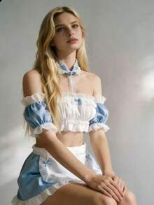 新款 Cosplay 女僕制服套裝，抹胸蕾絲鈴鐺頸圈套裝，甜美可愛角色扮演服裝 - 淺藍色 - 查看 4