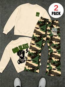 2pcs/Set Boys Street Style Casual Outfit, Boys Printed Crew Neck Long Sleeve Sweatshirt + Camouflage Wide Leg Pants, Suitable For Autumn/Winter - Multicolor - View 1