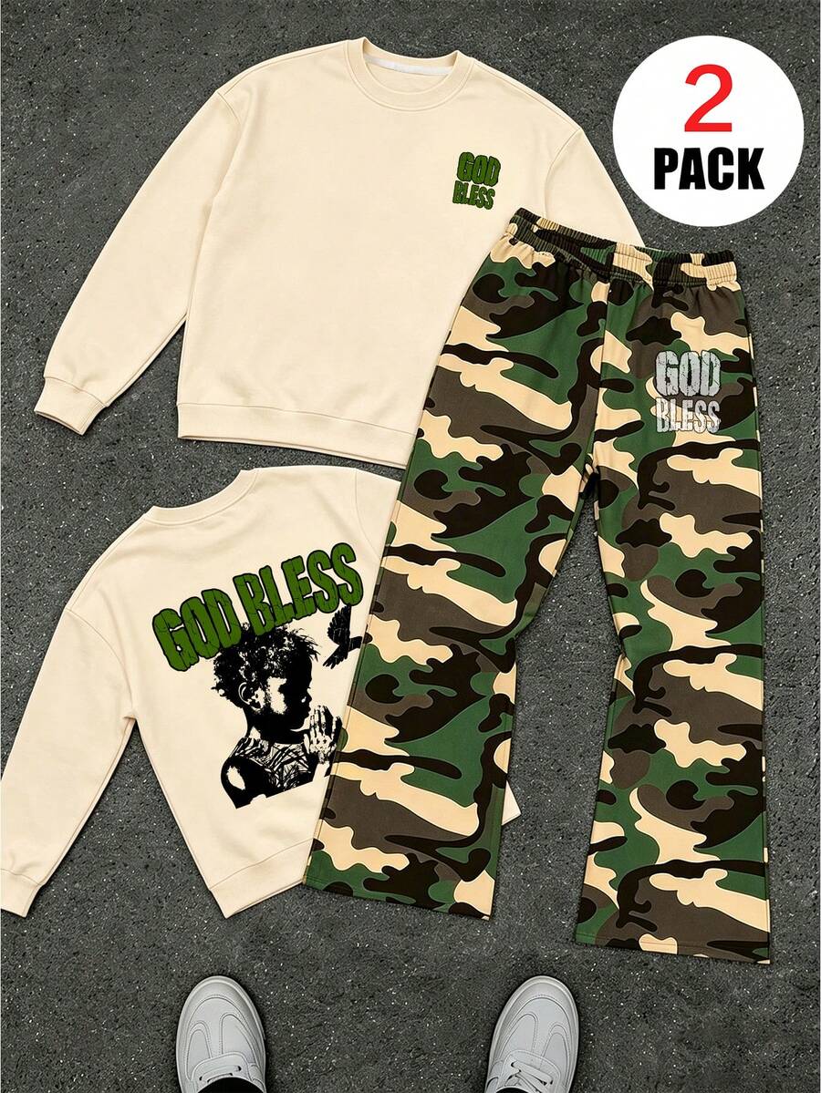 2pcs/Set Boys Street Style Casual Outfit, Boys Printed Crew Neck Long Sleeve Sweatshirt + Camouflage Wide Leg Pants, Suitable For Autumn/Winter - Multicolor - View 1