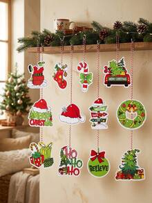 12pcs Fun Vintage Christmas Paper Hanging Ornaments With String, Christmas Tree Truck Wreath Candy Cane, Christmas Photo Frame Decor, Classroom Christmas Supplies, Merry Christmas Home Decor, Christmas Decorations, Merry Christmas, Baby Christmas Birthday Party, Baby Shower - Multicolor - View 9