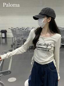 American Side Drawstring T-Shirt Women, Half Open Collar Long Sleeve, Printed Fitted Crop Top Casual Spring - Grey - View 2