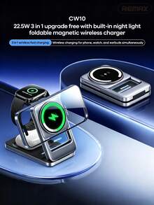 REMAX 3-In-1 Magnetic Wireless Charger With Foldable Stand, Built-In Night Light, Fast Charging Base For Home, Office, And Travel - Black - View 1