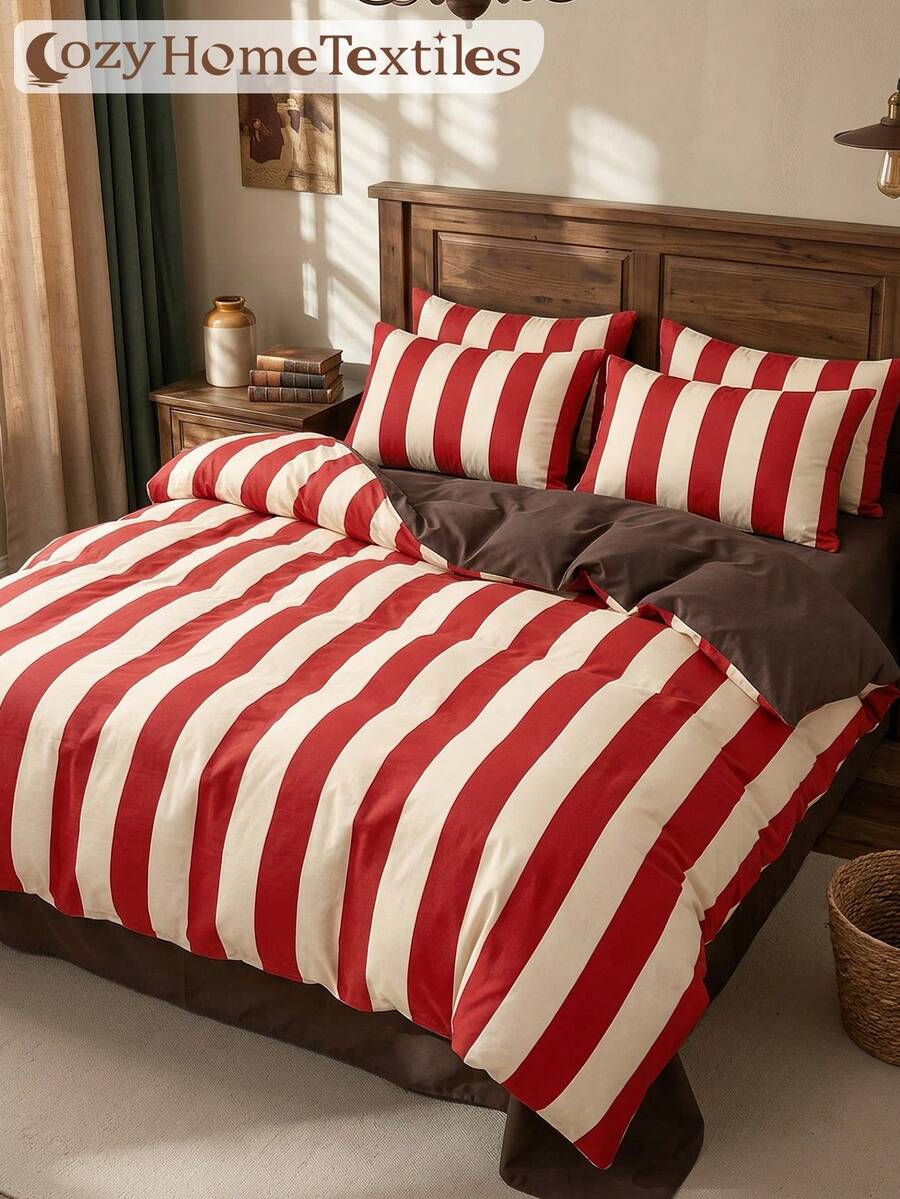 2/3pcs Red Stripe Pattern Duvet Cover Set, Bedding Set, Cozy & Breathable, Lightweight, Anti-Pilling, Machine Washable, Room Decor, Bedroom Decor, Dorm Bedding, For All Seasons, Fits Double Twin/Full/Queen/King Bedding, Autumn Home Decor, Fall Decor