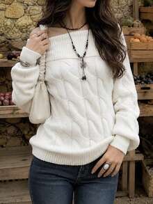 Pullover Wanita Putih Minimalis Modis Model Off-Shoulder Lengan Panjang Bergaris, Sweater Kasual Harian untuk Perjalanan, Liburan, Pesta, Kencan, Musim Gugur Musim Dingin - Putih - View 8