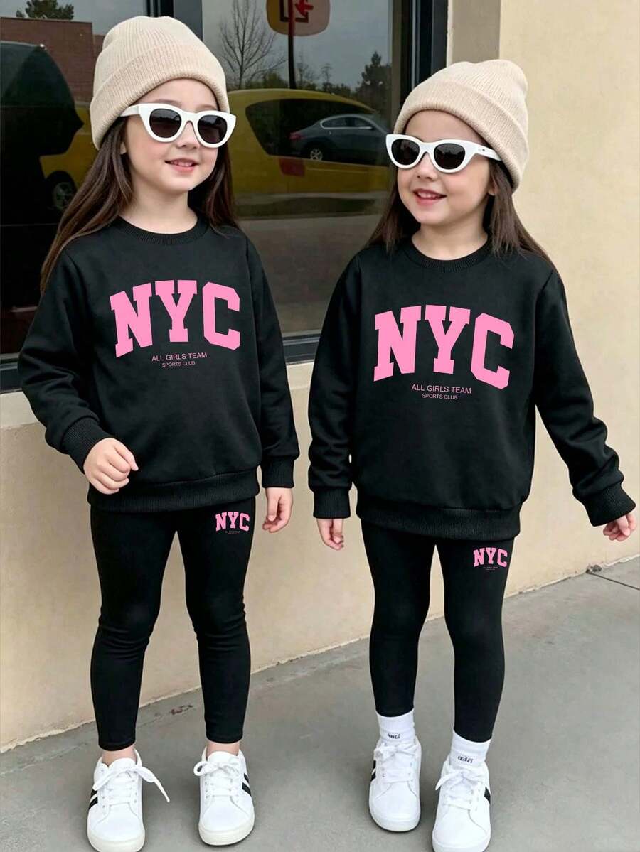 Young Girl Letter Print Crew Neck Long Sleeve Top And Leggings - Black - View 1