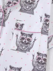 2pcs/Set Women's Pajama Set, Cartoon Raccoon Print, Holiday Women's Loungewear, Short Sleeve Lapel Top And Shorts Wearable Set - Multicolor - View 4