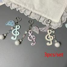 1个女士新款韩版复古波点条纹音符亚克力钥匙扣，带闪亮翅膀和绒球，创意复古可爱派对配饰包包挂饰，送给母亲、父亲、毕业生和老师的礼物 - 彩色 - 查看 3