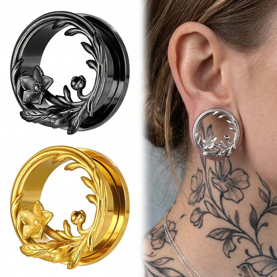 1 Pair 316L Stainless Steel Flower Ear Gauge Ear Cartilage Expander Body Piercing Jewelry Vintage - 1403 - View 1