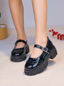 Sweet Cool Rhinestone Buckle Mary Jane Shoes Black Carved Thick Sole Platform Soft Girl Versatile Comfortable Commute Girls' Thick Sole Shoes - Black - View 2