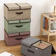 1pc Linen Foldable Storage Bin With Lid, Multi-Functional Organizer Basket For CD Collection, Toys, Clothes, Sundries Storage, Bedroom, Game Room, Closet, Laundry Room Home Space Organization - Beige - View 3