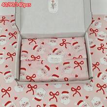 40/90/140pcs Pink Background Santa Claus Pattern Thin Paper, Santa And Bow, Handmade Wrapping Paper, Gift Box Filler, Party Decor - Christmas Style Design, Holiday Packaging, Durable Packaging, Christmas Decor, Includes Christmas Stickers - A - View 1