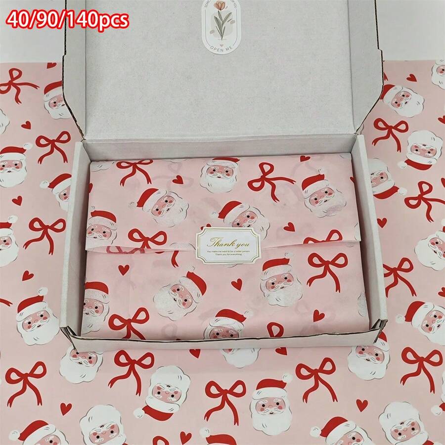 40/90/140pcs Pink Background Santa Claus Pattern Thin Paper, Santa And Bow, Handmade Wrapping Paper, Gift Box Filler, Party Decor - Christmas Style Design, Holiday Packaging, Durable Packaging, Christmas Decor, Includes Christmas Stickers - A - View 1