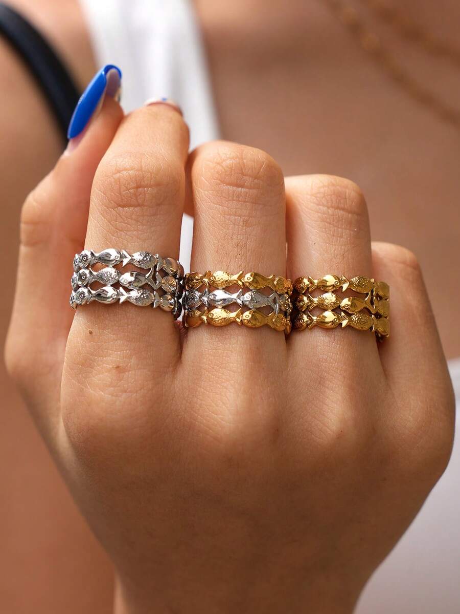Uself 3pcs/1pc Ocean Fish Shaped Open 18K Gold Plated Stainless Steel Ring, Ocean Style Jewelry Gift Suitable For Women, Perfect For Beach Vacation Wear - Multicolor - View 1