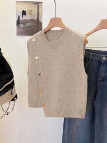 Plus Size Women's Cute Casual Shiny Button Knit Vest Pullover Top, Fashionable Vacation Summer & Autumn Outfit Fall - Apricot - View 3