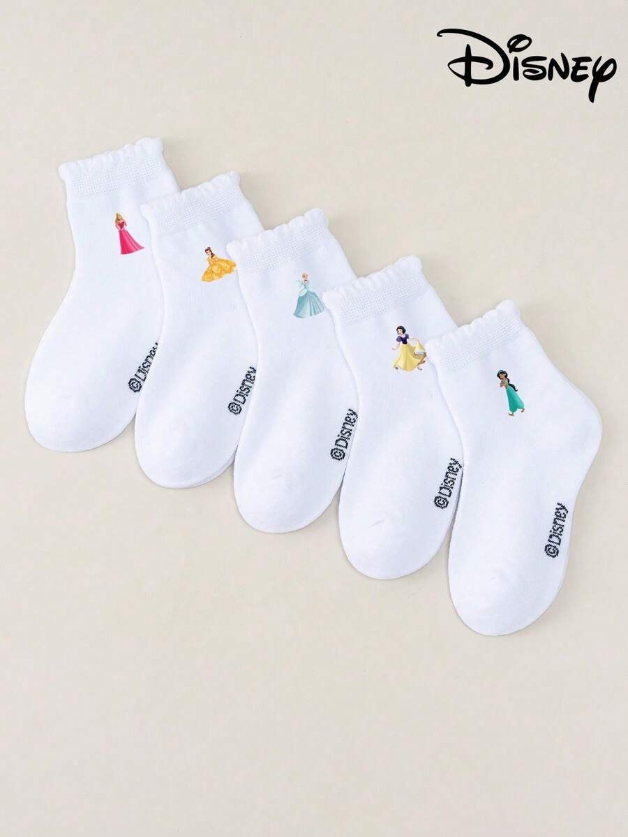 5 Pairs Girls Disney Princess Aurora, Belle, Cinderella, Snow White, Jasmine Printed Ruffle Short Socks, Soft Breathable High Elastic Comfortable, Suitable For Daily Home And School Wear - Multicolor - View 1