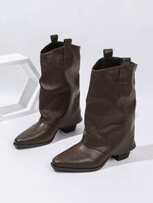 European Style Pointed Toe Ruched Stacked Ankle Boots Women's Autumn/Winter New Vintage Versatile Chunky Heel High Heel Riding Boots Boots - Coffee - View 2