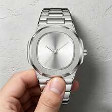 1pc Ultra-Thin Octagonal Full Silver Steel Band Wristwatch, Sunburst Dial Minimalist Unisex Business Quartz Watch - Black - View 8