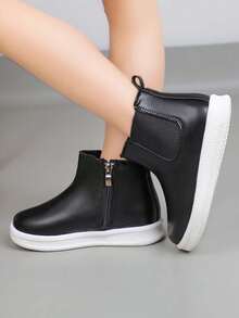 Children's Chelsea Ankle Boots, Unisex Simple High-Top Boots With Side Zipper, Non-Slip Wear-Resistant Casual Ankle Boots - Black - View 4